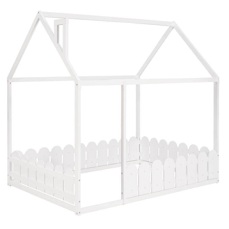 （Slats are not included) Full Size Wood Bed House Bed Frame with Fence, for Kids, Teens, Girls, Boys (White )