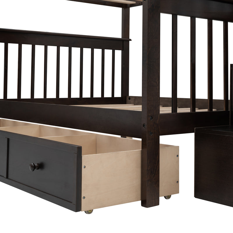 Stairway Full-Over-Full Bunk Bed with Drawer, Storage and Guard Rail for Bedroom, Espresso color