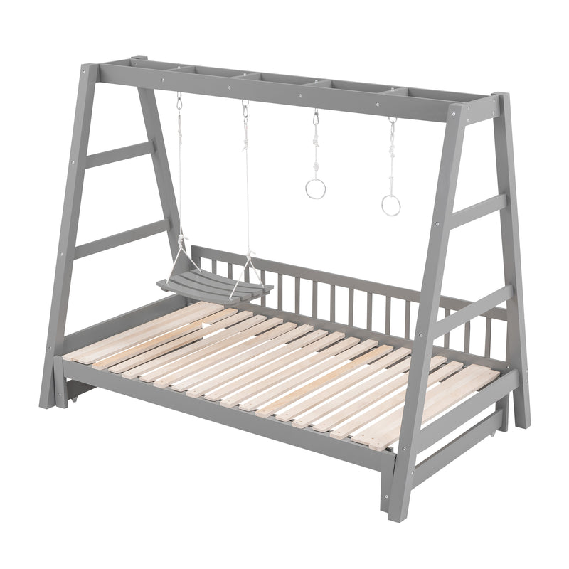 Extendable Twin Daybed with Swing and Ring Handles, Gray(Twin bed can be pulled out to be King)