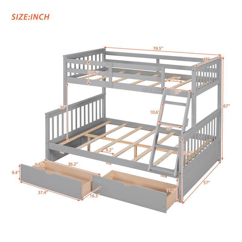 Twin-Over-Full Bunk Bed with Ladders and Two Storage Drawers(Gray)