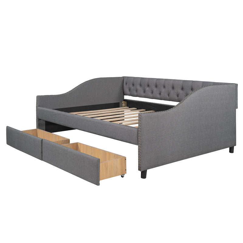 Upholstered daybed with Two Drawers, Wood Slat Support, Gray, Full Size