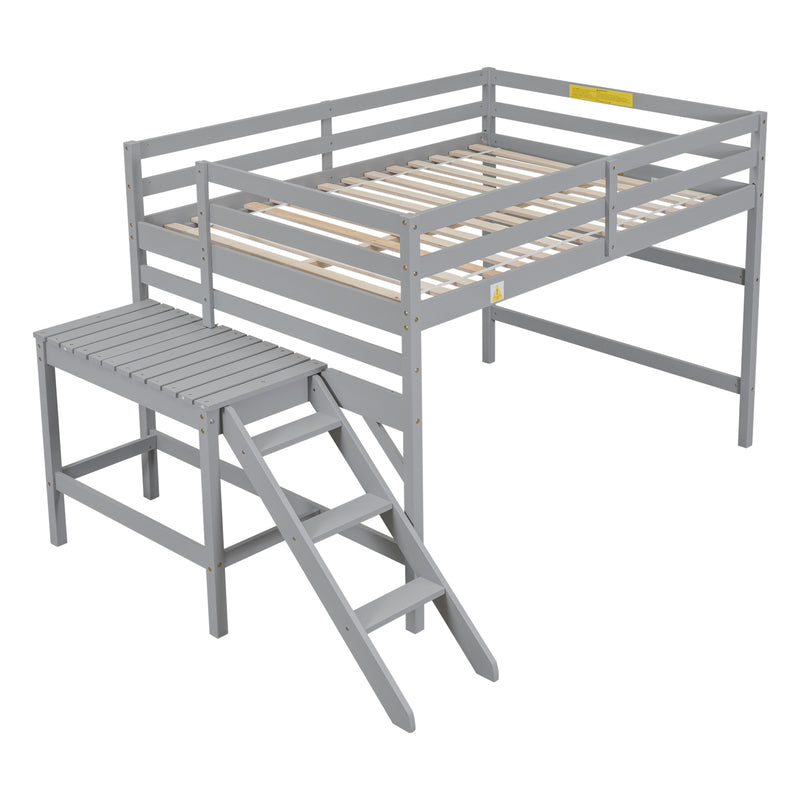 Full Loft Bed with Platform,ladder,Gray