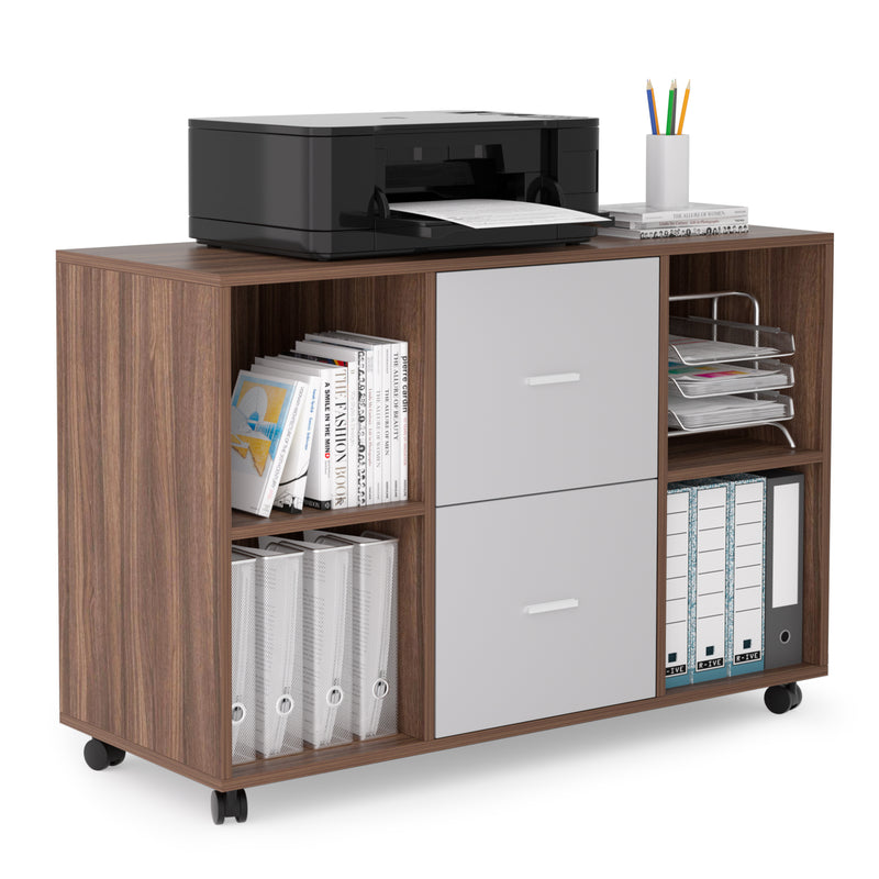 Mobile lateral filing cabinet with 2 drawers and 4 open storage cabinets, for home office, walnut-light gray