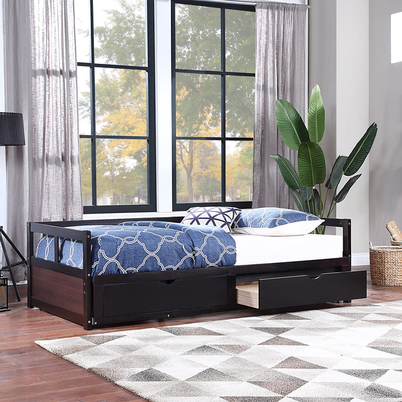 Wooden Daybed with Trundle Bed and Two Storage Drawers , Extendable Bed Daybed,Sofa Bed for Bedroom Living Room,Espresso