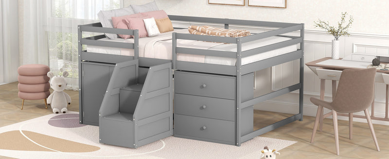 Full Size Functional Loft Bed with Cabinets and Drawers, Hanging Clothes at the back of the Staircase, Gray