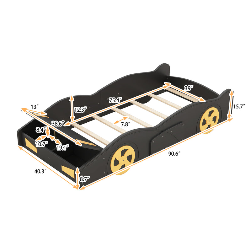 Twin Size Race Car-Shaped Platform Bed with Wheels and Storage, Black+Yellow