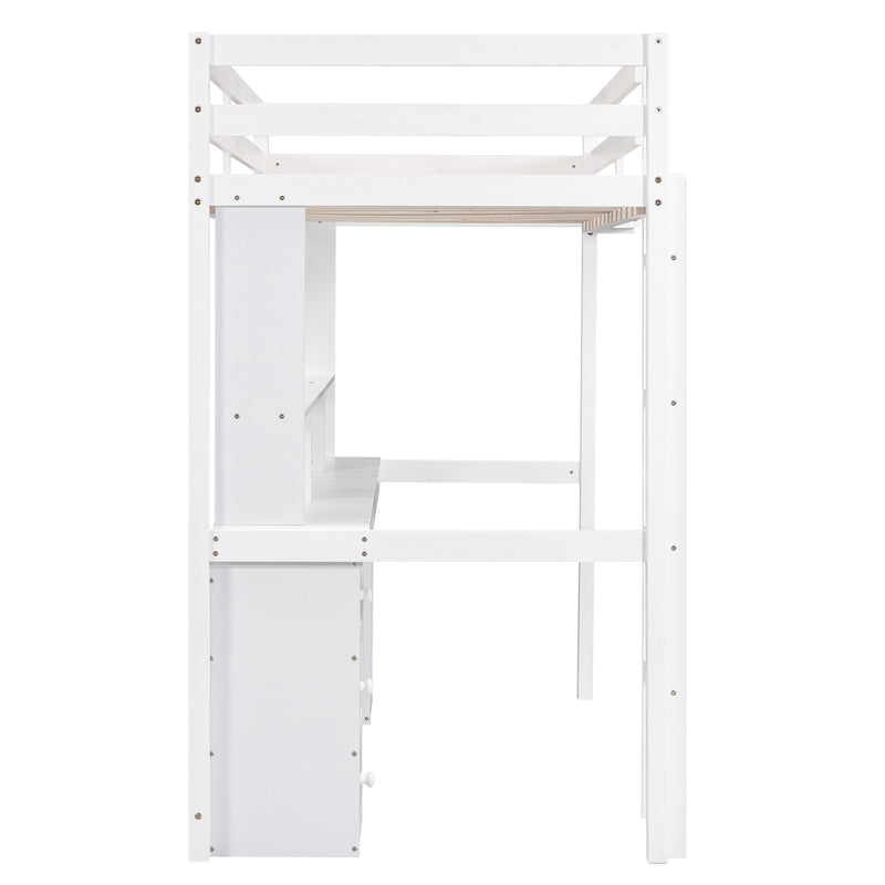 Twin Size Loft Bed with Multi-storage Desk, LED light and Bedside Tray, Charging Station, White