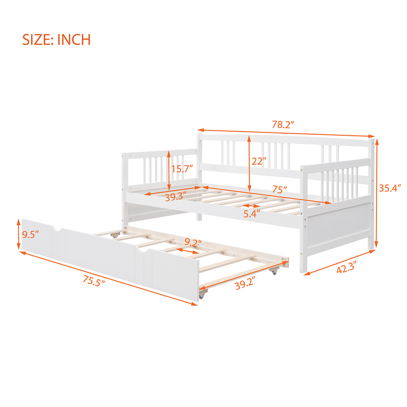 Twin Size Daybed Wood Bed with Twin Size Trundle,White