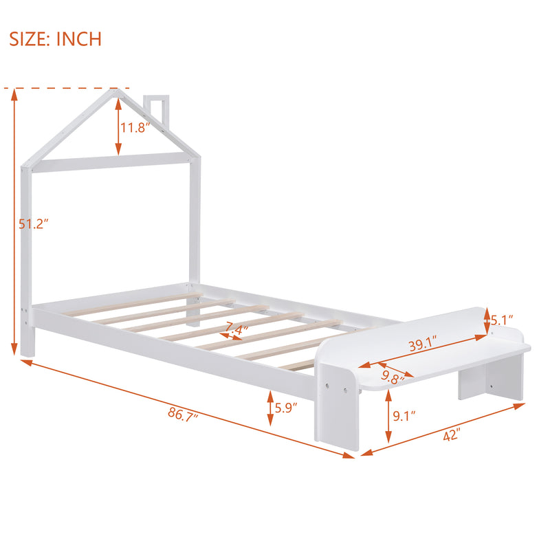 Twin Size Wood Platform Bed with House-shaped Headboard and Footboard Bench,White