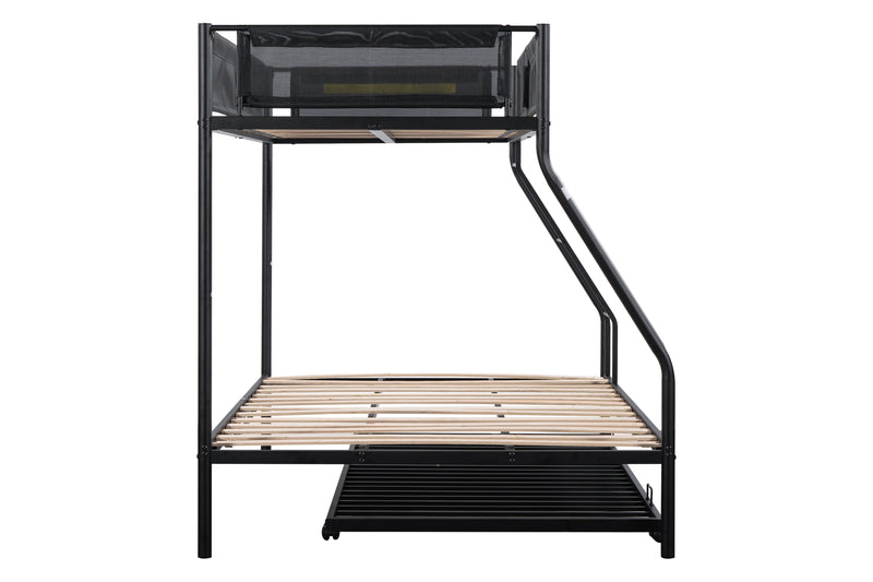 Twin over Full Metal Bunk Bed with Trundle (Wood Slat and Textilene Guardrail)