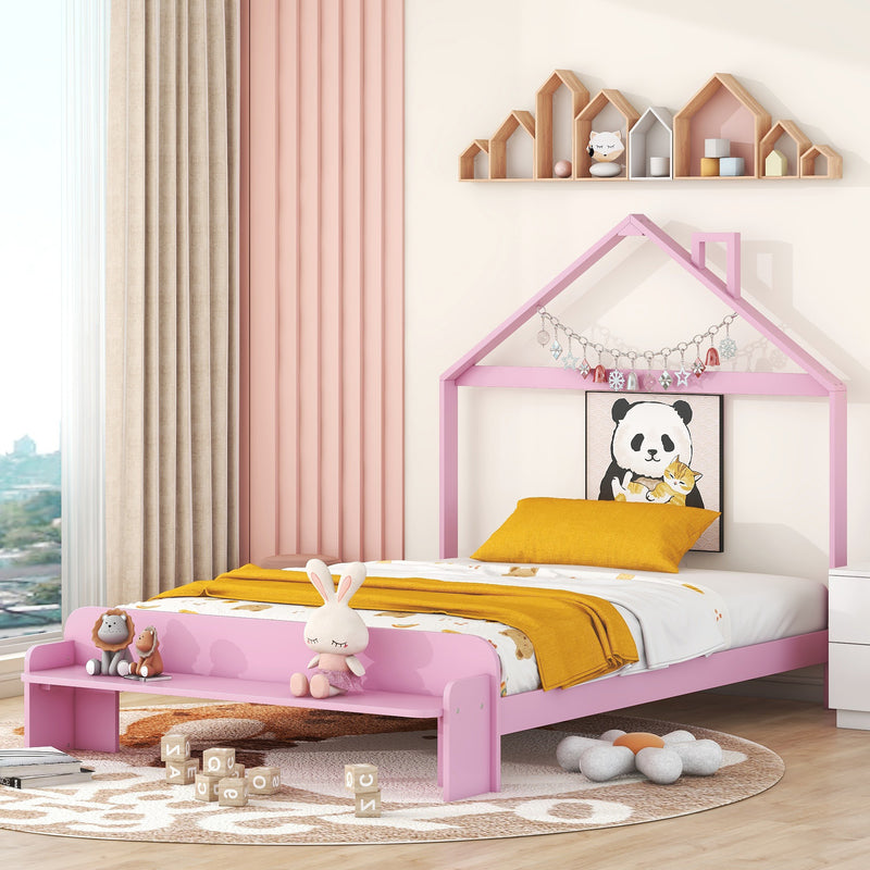 Full Size Wood Platform Bed with House-shaped Headboard and Footboard Bench,Pink