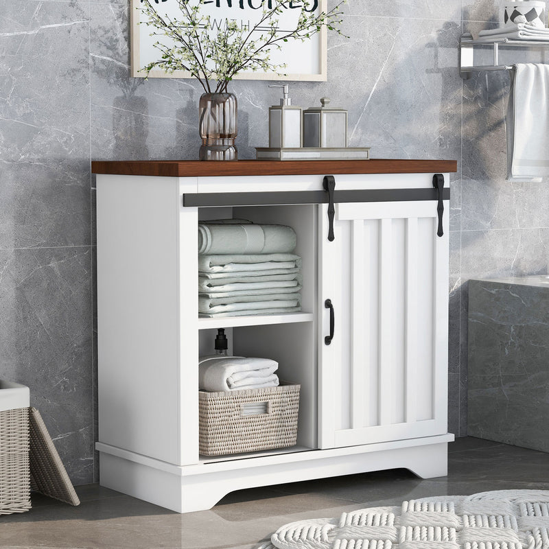 Bathroom Storage Cabinet, Freestanding Accent Cabinet, Sliding Barn Door, Thick Top, Adjustable Shelf, White and Brown