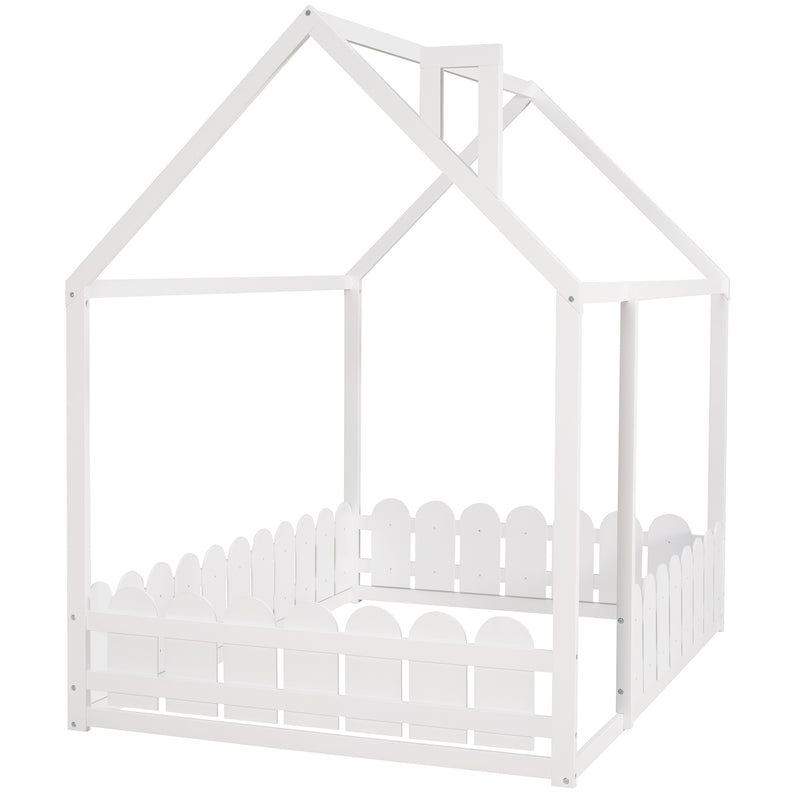 （Slats are not included) Full Size Wood Bed House Bed Frame with Fence, for Kids, Teens, Girls, Boys (White )