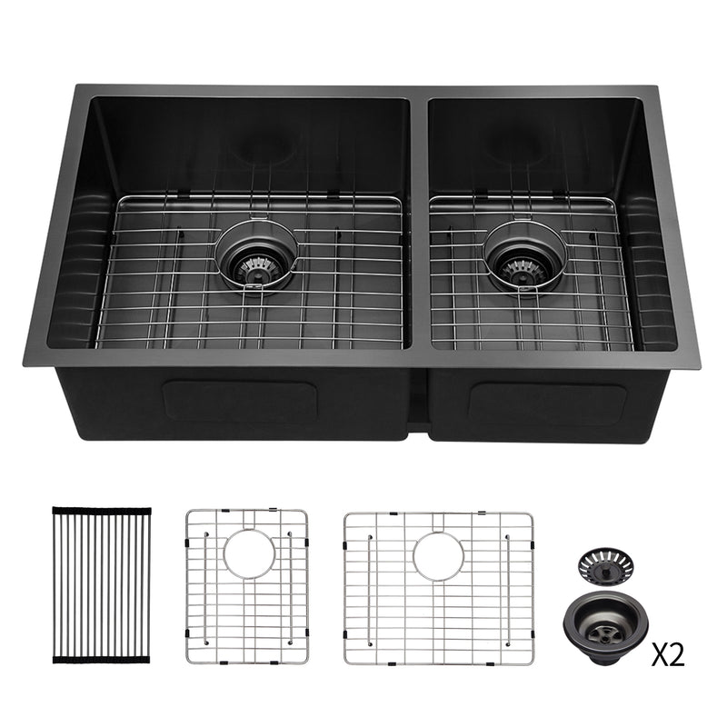 Double Bowl(60/40) Undermount Sink- 33"x19" Gunmetal Black  Double Bowl Kitchen Sink 16 Gauge with Two 10" Deep Basin