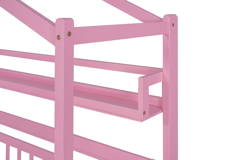 Wooden Twin Size House Bed with Trundle,Kids Bed with Shelf, Pink