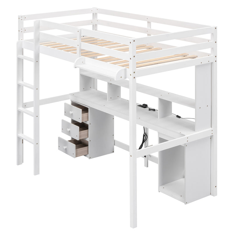 Twin Size Loft Bed with Multi-storage Desk, LED light and Bedside Tray, Charging Station, White