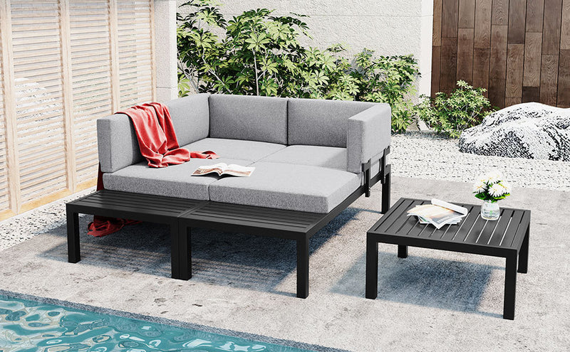 Outdoor 3-piece Aluminum Alloy Sectional Sofa Set with End Table and Coffee Table,Black Frame+Gray Cushion