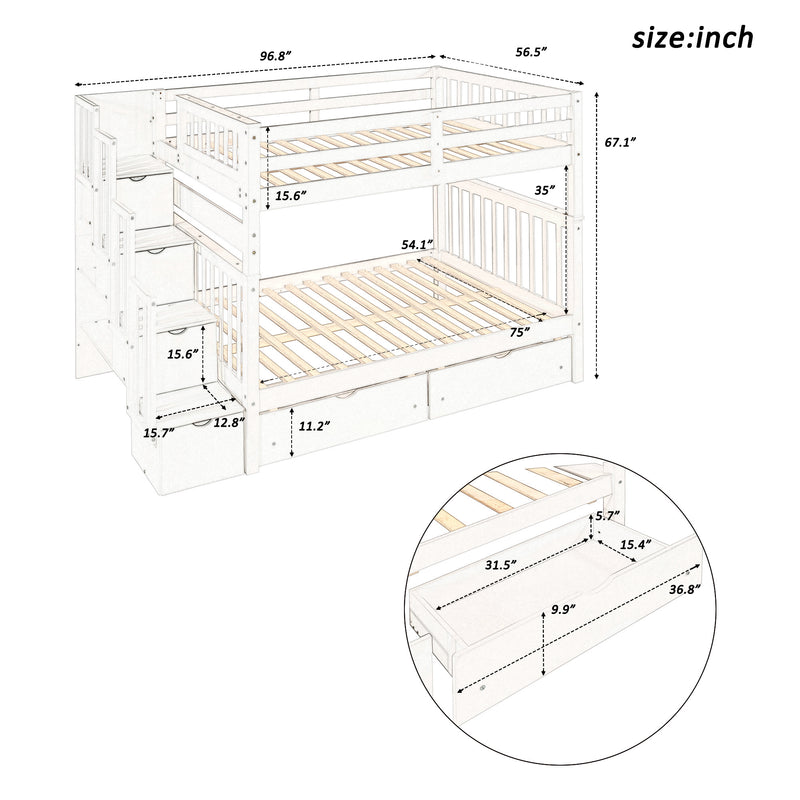 Full Over Full Bunk Bed with Shelves and 6 Storage Drawers, White