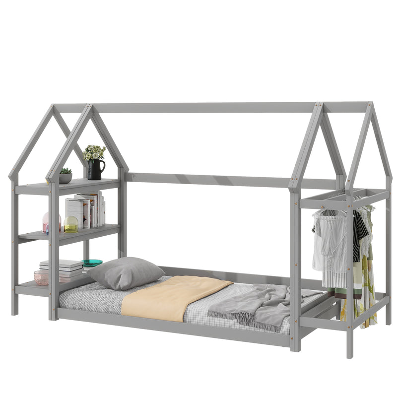 Twin House-Shaped Floor Bed with 2 Detachable Stands,Gray