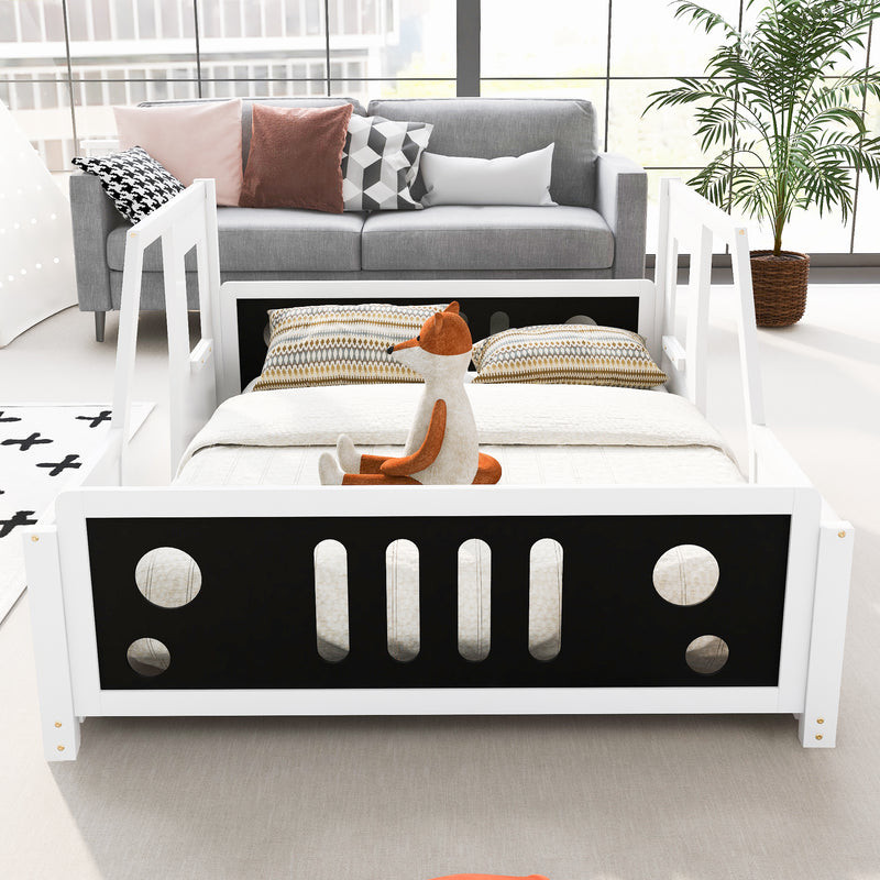 Full Size Classic Car-Shaped Platform Bed with Wheels,White