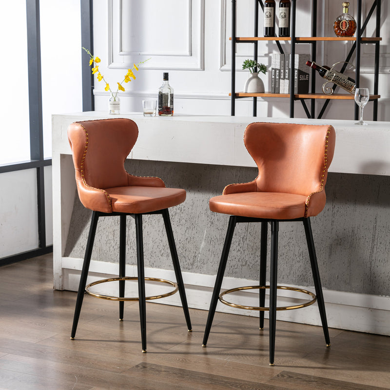 29" Modern Fabric Faux Leather bar chairs,180° Swivel Bar Stool Chair for Kitchen,Tufted Gold Nailhead Trim Gold Decoration Bar Stools with Metal Legs,Set of 2 (Orange)