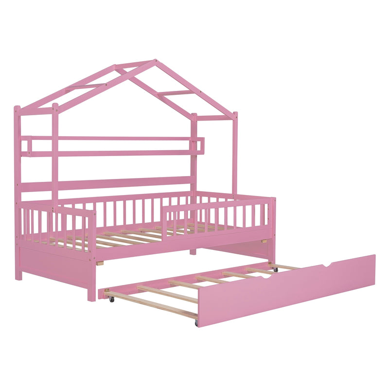 Wooden Twin Size House Bed with Trundle,Kids Bed with Shelf, Pink