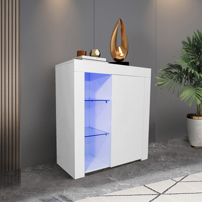 Kitchen Sideboard Cupboard White High Gloss with Blue LED Light, Entryway Living Room Side Storage Cabinet Buffet with Shelves and Door for Dining Room Hallway RT