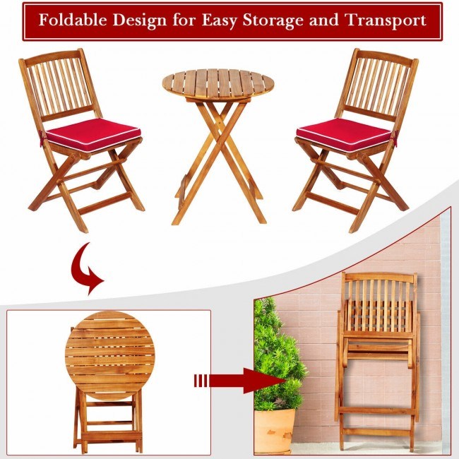 3 Pieces Patio Folding Wooden Bistro Set Cushioned Chair