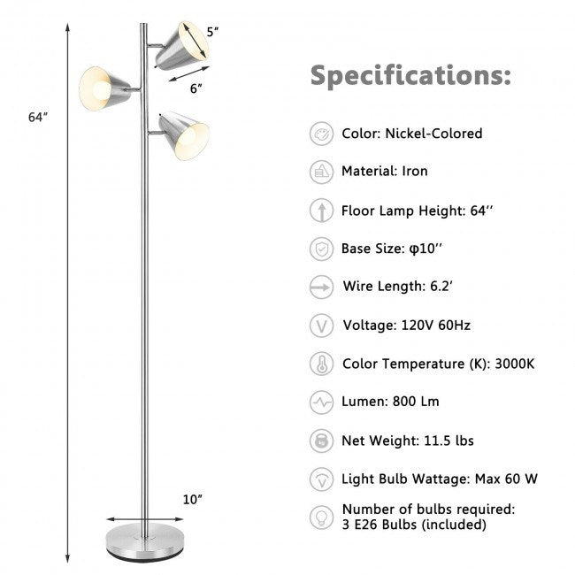 64" 3-Light LED Floor Lamp Reading Light for Living Room Bedroom