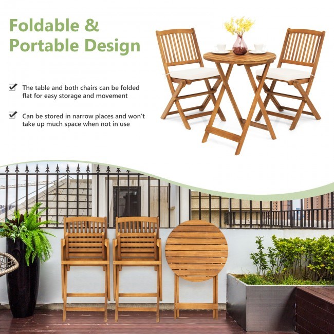 3 Pieces Patio Folding Wooden Bistro Set Cushioned Chair