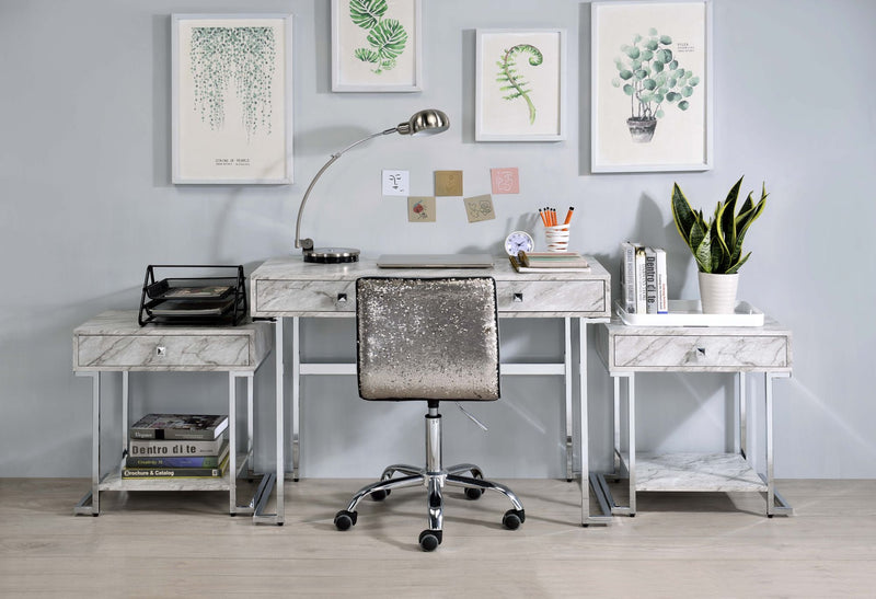 Tigress Writing Desk, White Printed Faux Marble & Chrome Finish YJ