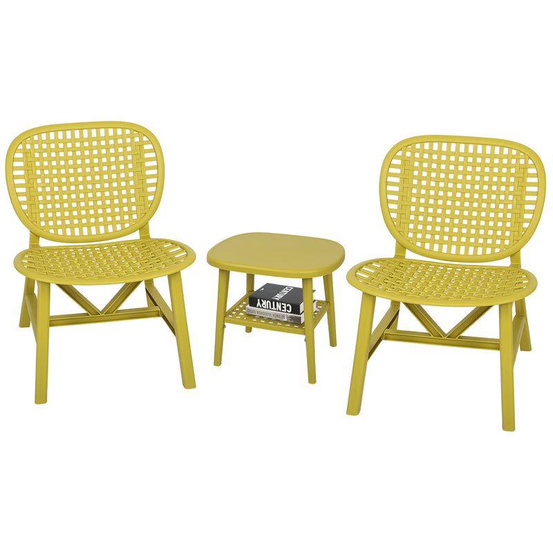 3 Pieces Hollow Design Patio Table Chair Set All Weather Conversation Bistro Set Outdoor Coffee Table with Open Shelf and Lounge Chairs with Widened Seat for Balcony Garden Yard Yellow