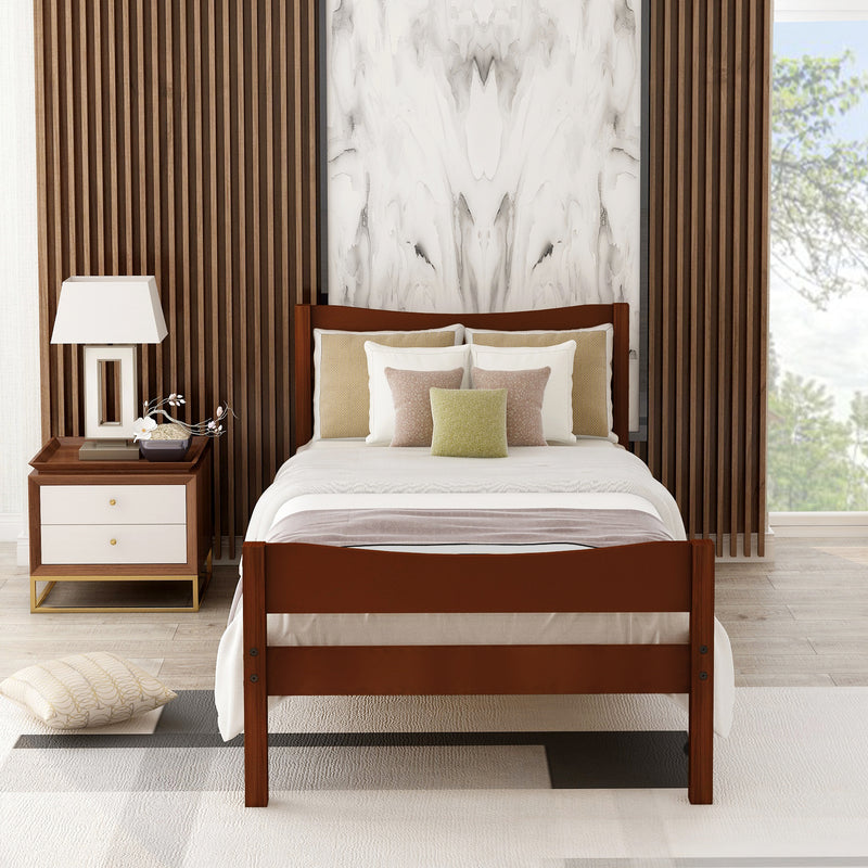 Twin Size Wood Platform Bed with Headboard and Wooden Slat Support (Walnut)