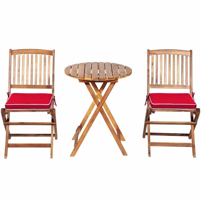 3 Pieces Patio Folding Wooden Bistro Set Cushioned Chair