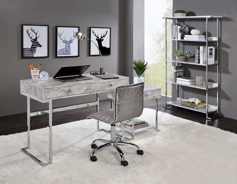 Tigress Writing Desk, White Printed Faux Marble & Chrome Finish YJ