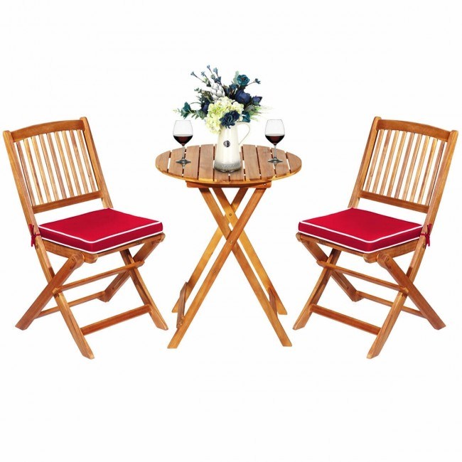 3 Pieces Patio Folding Wooden Bistro Set Cushioned Chair