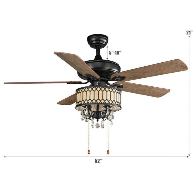 52 Inch Crystal Ceiling Fan Lamp w/ 5 Reversible Blades