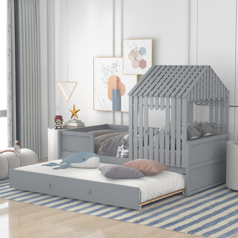 Twin Size House Low Loft Bed with Trundle,Gray