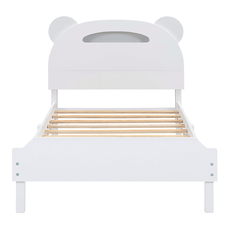 Twin Size Wood Platform Bed with Bear-shaped Headboard,Bed with Motion Activated Night Lights,White