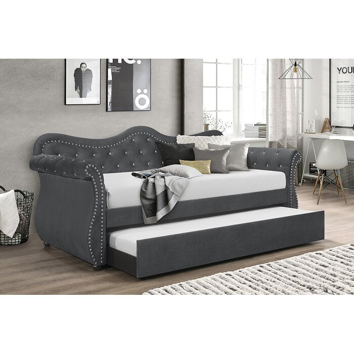 Galaxy Home Abby Upholstered Velvet Wood Daybed with Trundle in Gray