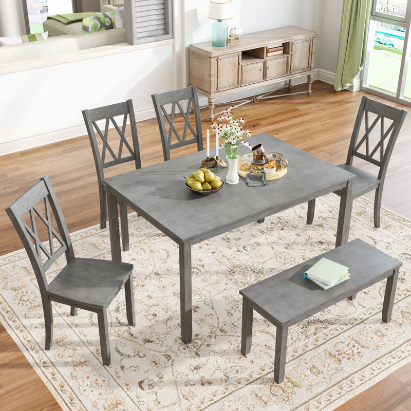 TOPMAX 6-piece Wooden Kitchen Table set, Farmhouse Rustic Dining Table set with Cross Back 4 Chairs and Bench,Antique Graywash