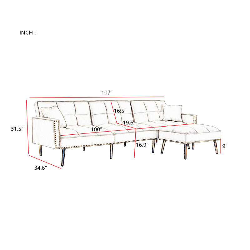 Modern Velvet Upholstered Reversible Sectional Sofa Bed , L-Shaped Couch with Movable Ottoman For Living Room.