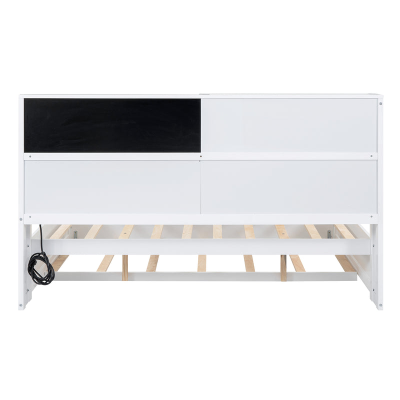 Full Size Daybed with Storage Shelves, Blackboard, Cork board, USB Ports and Twin Size Trundle, White