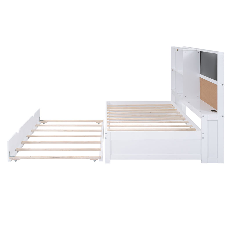 Twin Size Daybed with Storage Shelves, Blackboard, Cork board, USB Ports and Twin Size Trundle, White