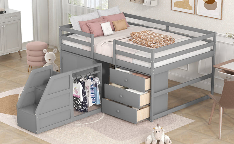 Full Size Functional Loft Bed with Cabinets and Drawers, Hanging Clothes at the back of the Staircase, Gray