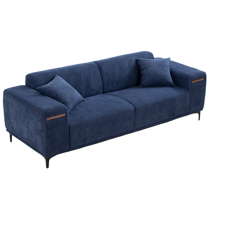 90'' Mid-Century 3 Seater Sofa with 2 Stretchable Walnut Pad Modern Fabric Upholstered Sofa for livingroom lobby office Blue