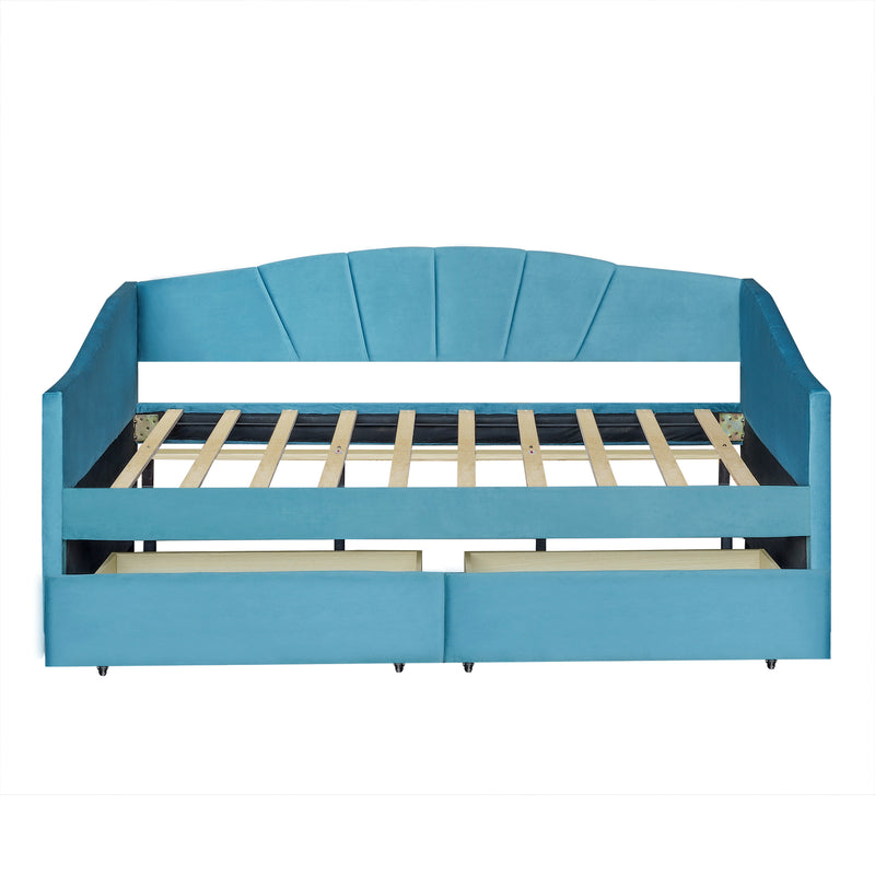 Upholstered daybed Twin Size with Two Drawers and Wood Slat Suppot ,Blue