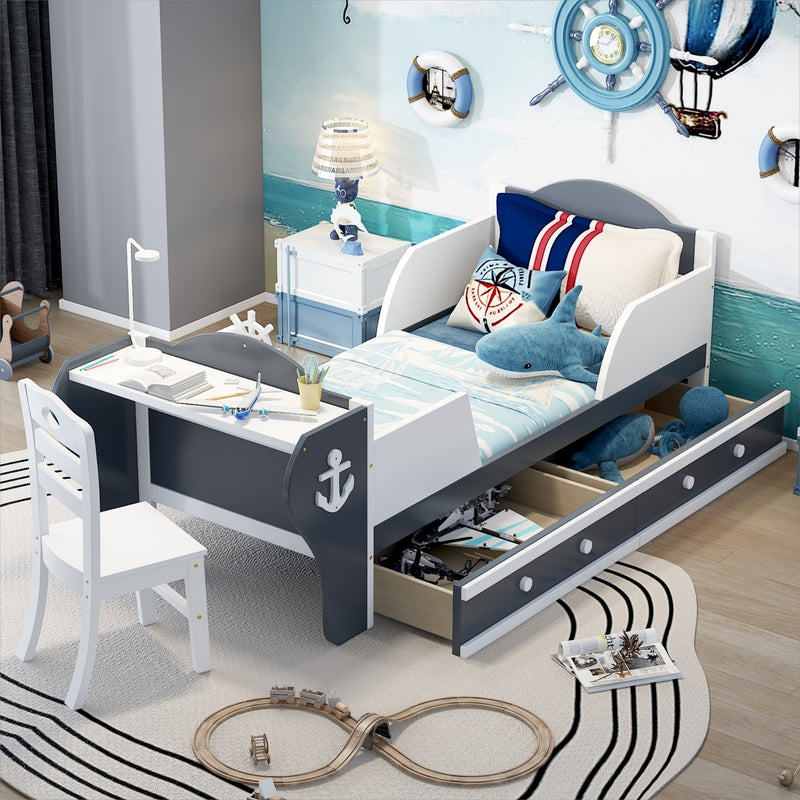 Twin Size Boat-Shaped Platform Bed with Two Drawers,Twin Bed with Desk and Chair for Bedroom,White+Gray