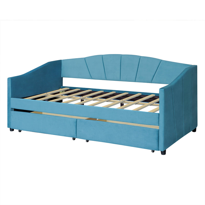 Upholstered daybed Twin Size with Two Drawers and Wood Slat Suppot ,Blue