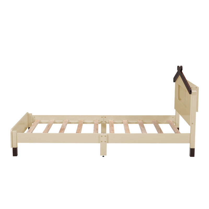 Twin Size Wood Platform Bed with House-shaped Headboard and Motion Activated Night Lights (Cream+Walnut)